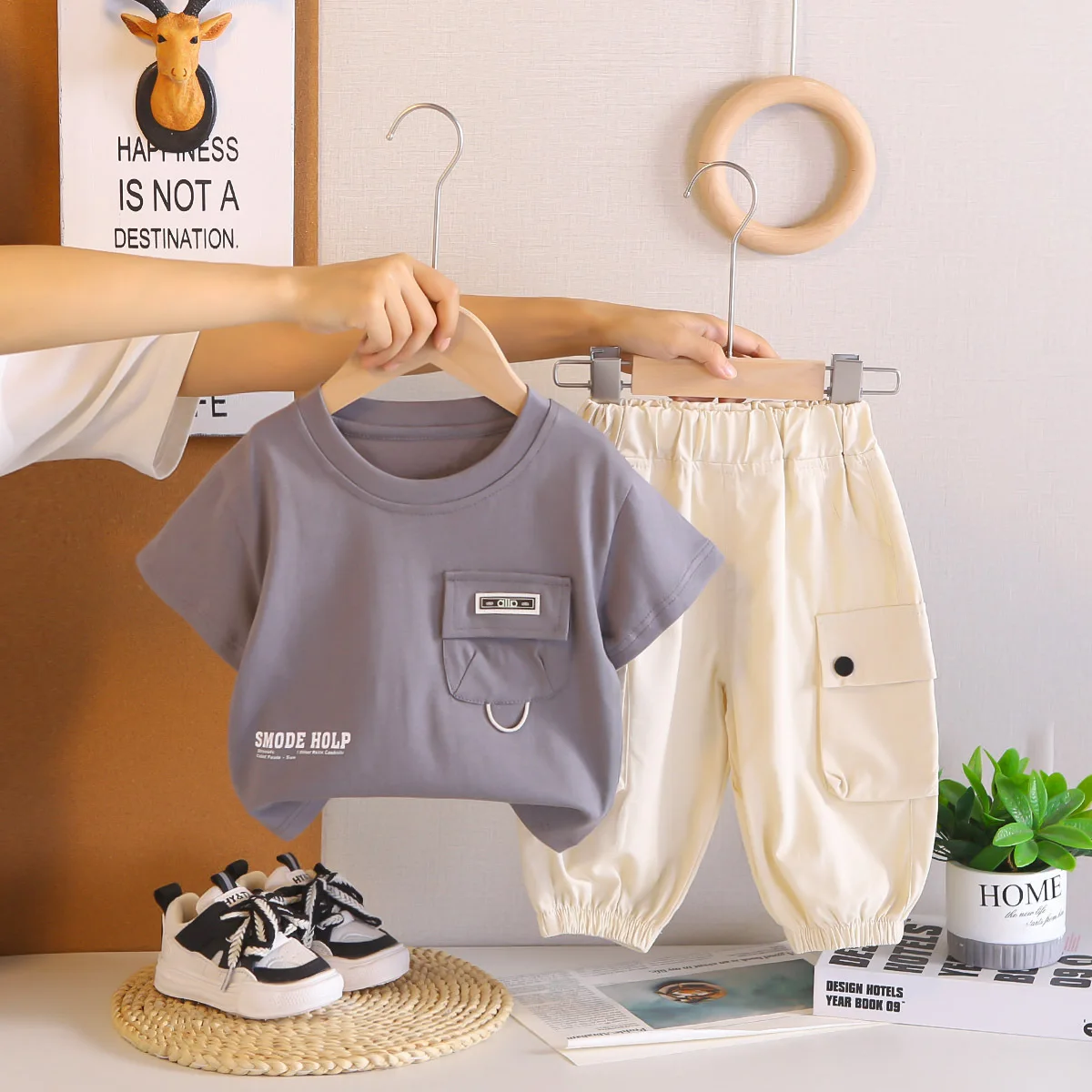 الكورية الأولاد قصيرة الأكمام مجموعة 2026 جديد عادية بيبي بوي الصيف جيب تي شيرت وبنطلون وتتسابق ملابس الأطفال الأولاد دعوى #2