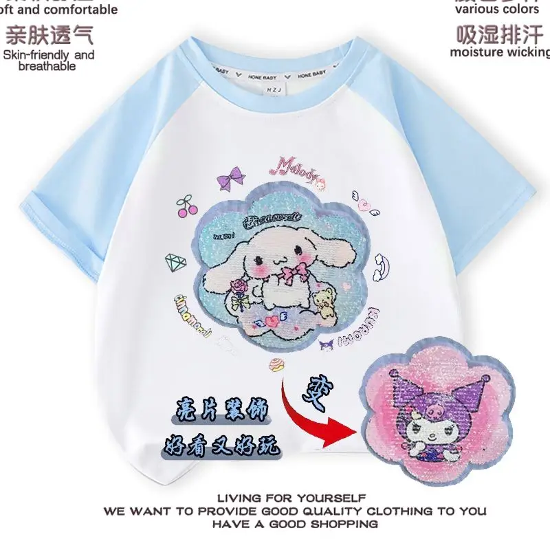 

2025 Anime Kawaii Sanrio Cinnamoroll Sanrio New Summer Short Sleeve Shirt Cute Baby Casual Hoodie Clothes Gifts for Kids