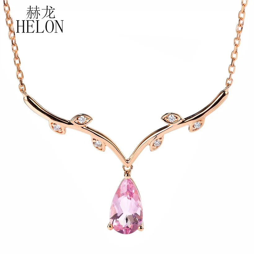 HELON Solid 14K Rose Gold Antlers Shape Natural Diamonds Necklaces Pendant Pear Real Pink Sapphire Pendant Women Chain Luxurious