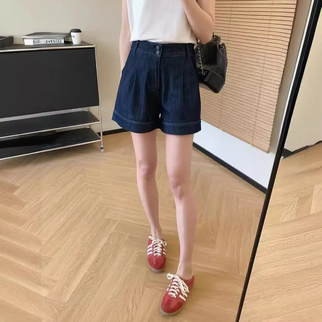 ZK Pantalones cortos vaqueros acampanados de cintura alta para mujer, pantalones de pierna ancha de Lycra elásticos de color original ecológicos, serie de cuatro caras