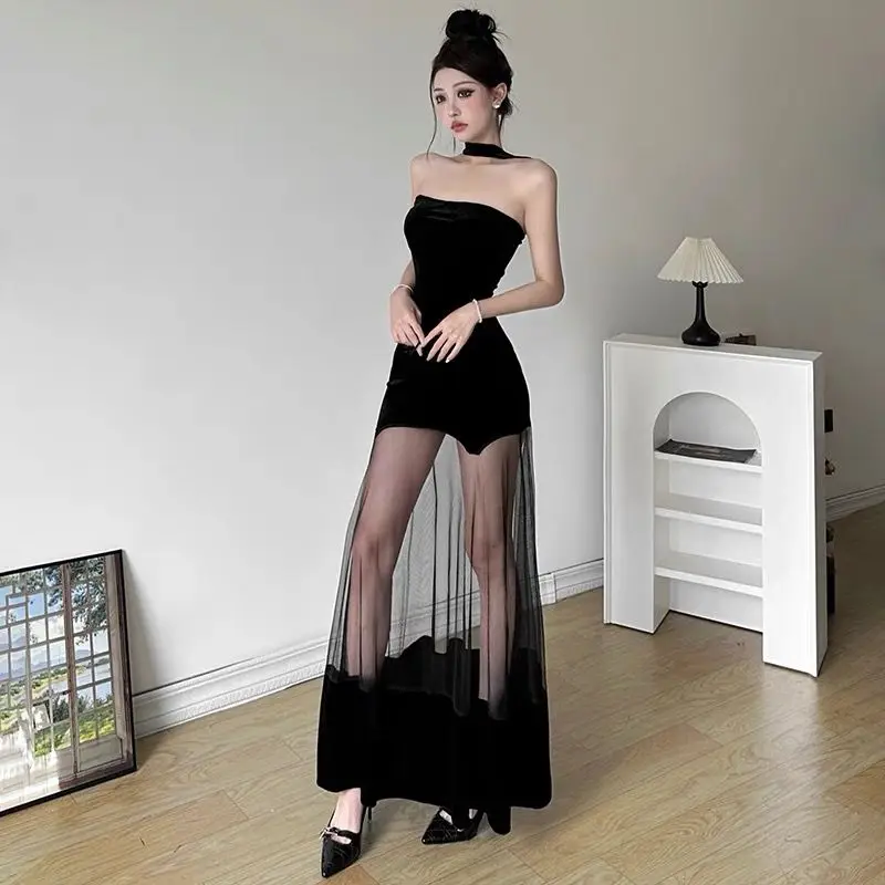 Sexy black strapless mesh see through patchwork hip hugging dress sleeveless off shoulder backless mid leng Long Vintage Dresses