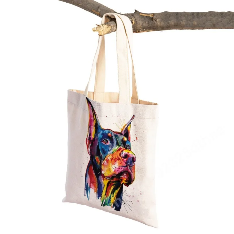 Women Cute Cartoon Pet Dog Shoulder Bags Eco Shopping Bag Canvas Tote Reusable Watercolor Animal Fashion Lady Shopper Handbag