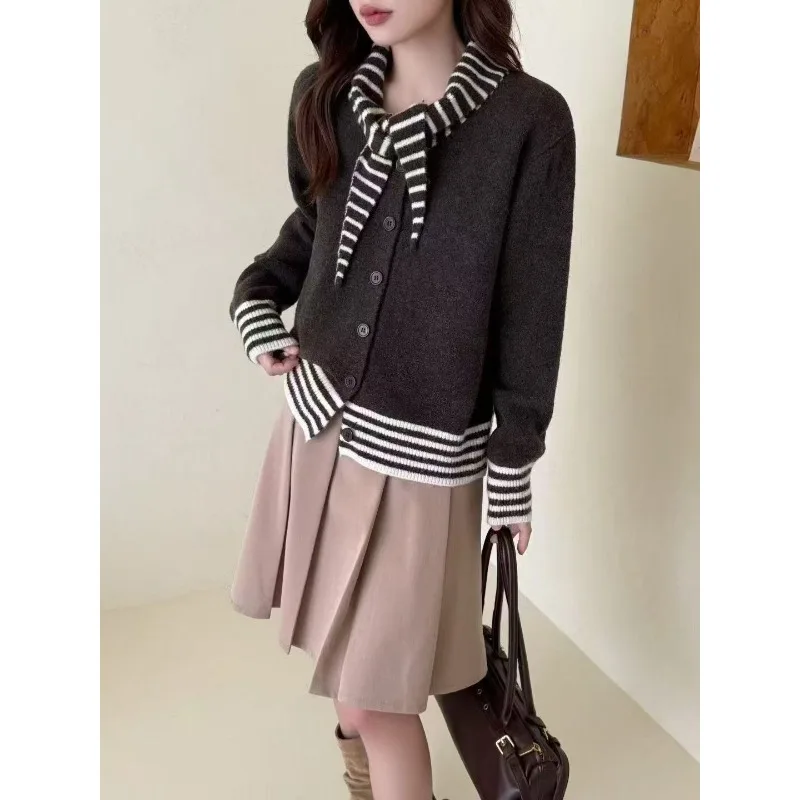 Полосатый контрастный цвет, повседневный вязаный кардиган, женская куртка с шарфом и воротником, куртка, осень-зима 2022, новый топ