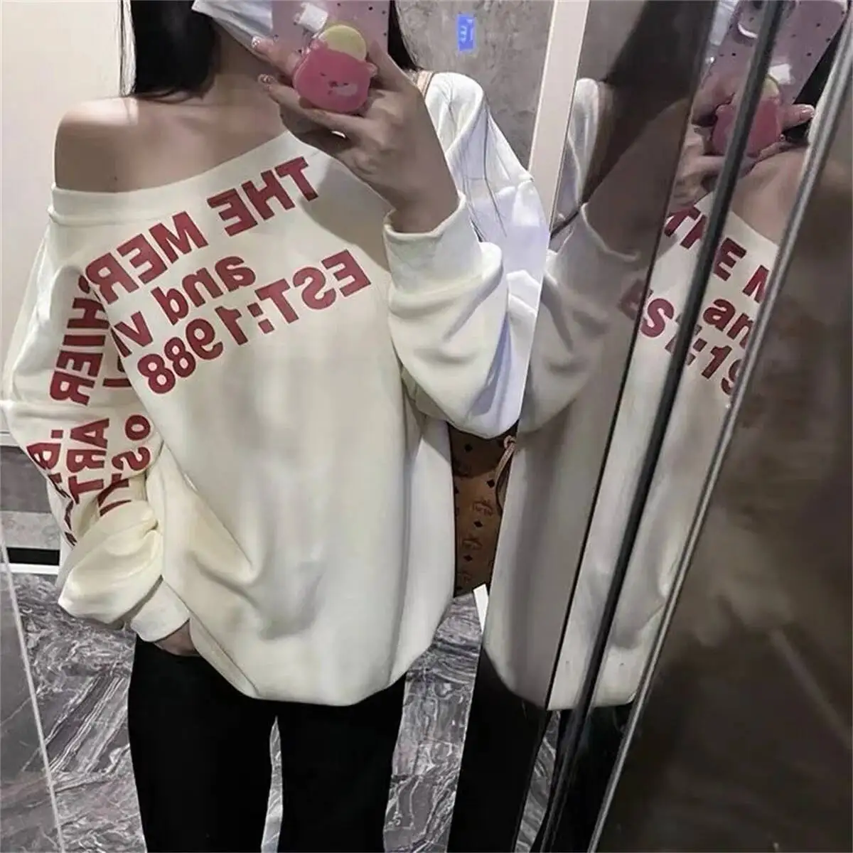 Y2k sexy oversize truien dames streetwear print off-shoulder lange mouw basic top dame herfst winter Koreaanse mode sweatshirt
