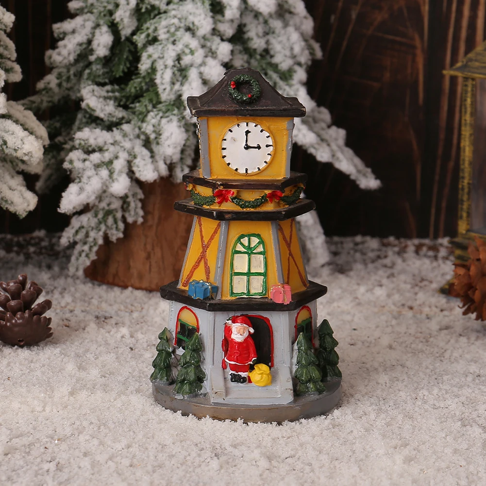

Christmas Ornaments Resin Lighted Xmas Village Decorative Lighted Clock Tower Decor Christmas Desktop Crafts Holiday Presents