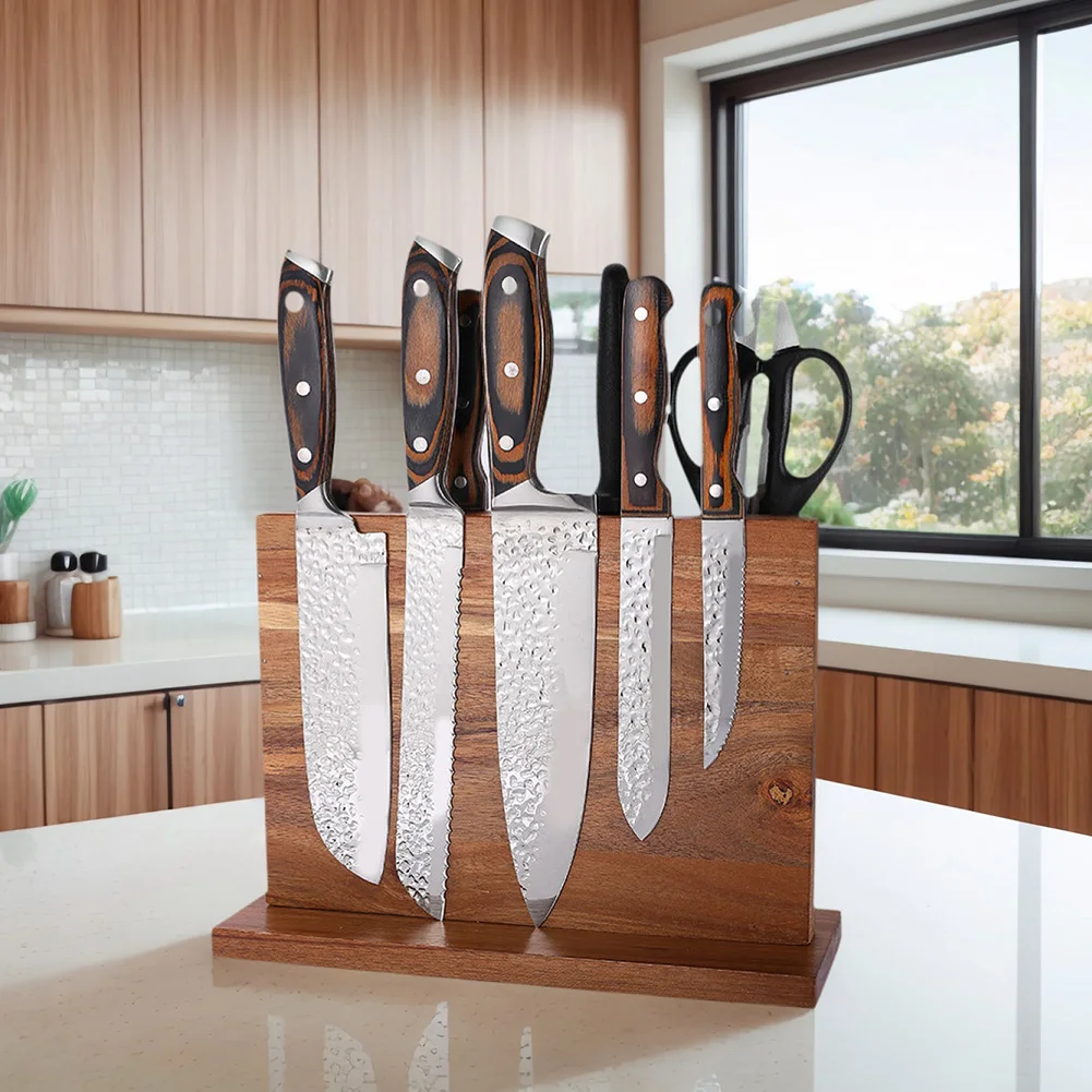 

Magnetic Knife Block Double-Sided Wooden Knife Holder Knife Display Rack with Strong Enhanced Magnets for Counter Top