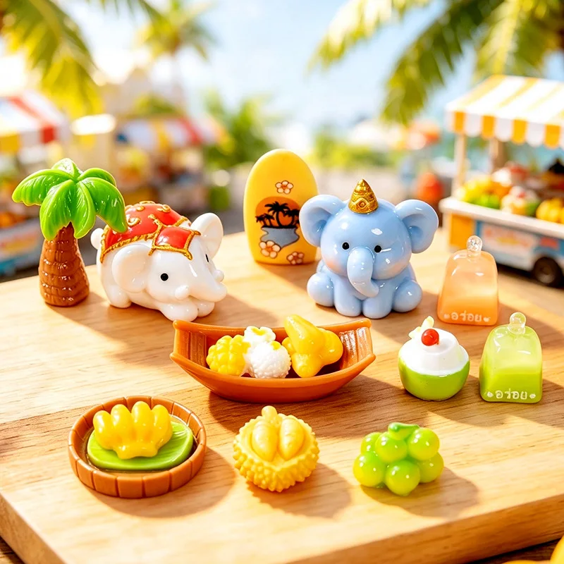 100pcs Cute Thai Style Elephant Dessert Durian Coconut Tree Banana 3D Resin DIY for Hairpin Keychain Dollhouse Accessories