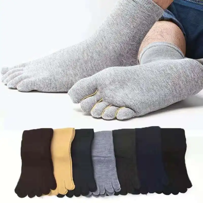 Cotton medium tube five finger socks men's black gray four season straight board split toe socks