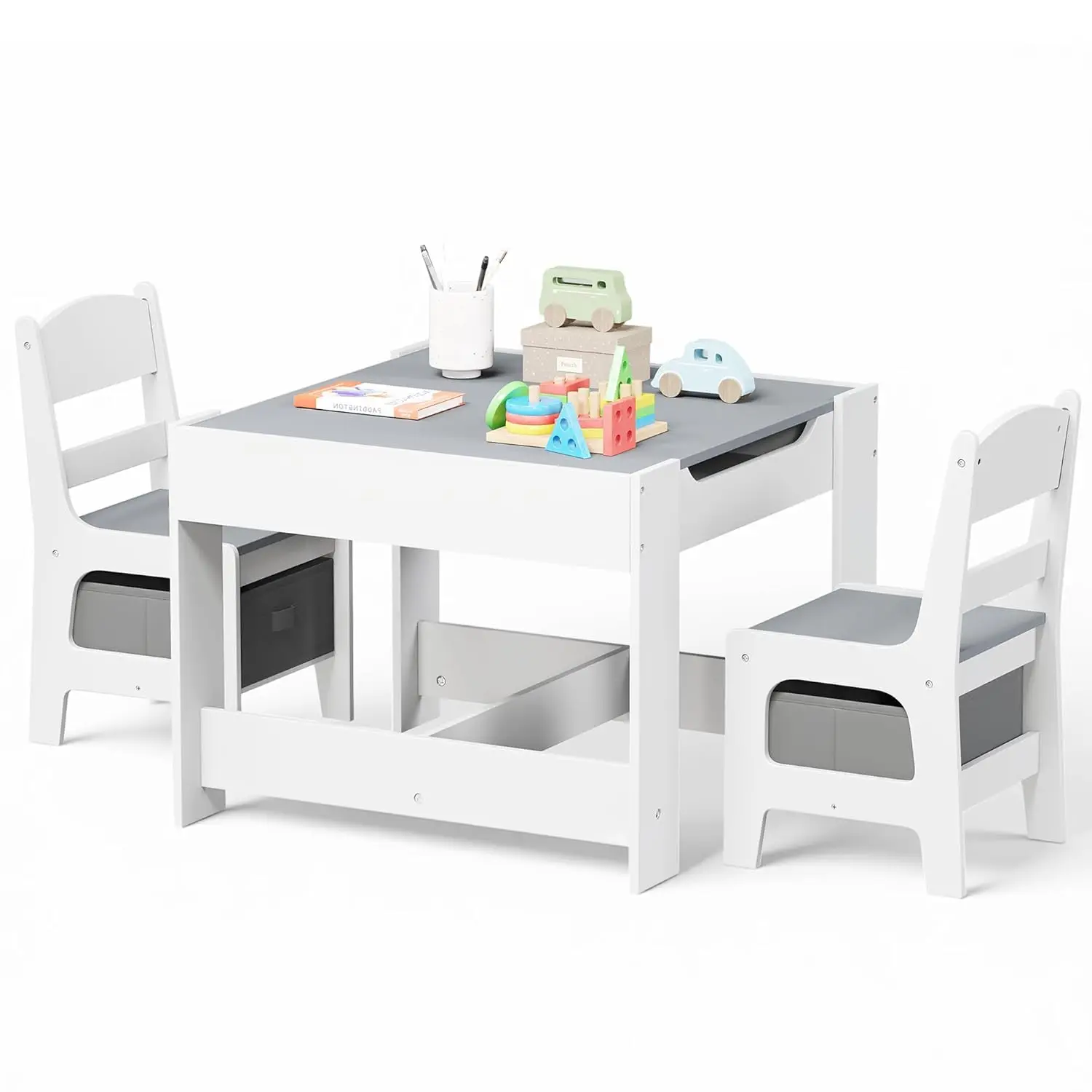 Kids Wood Table & 2 Chairs Set, 3 in 1 Children Activity Table w/Storage, Removable Tabletop, Blackboard, 3-Piece Toddler Furnit