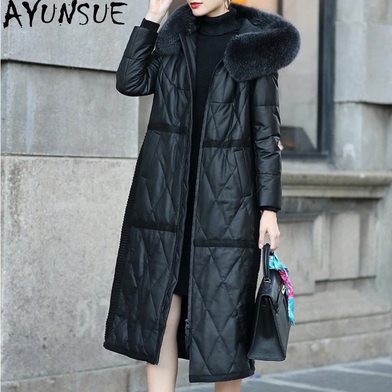 

AYUNSUE Genuine Sheepskin Leather Jacket Women Winter White Duck Down Coat Hooded Fox Fur Collar Long Parkas Casaco Feminino