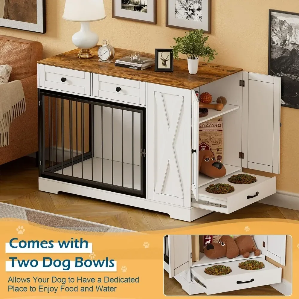 Dog Crate Furniture Kennel with Double Doors, Wooden Pet House with 2 Drawers and Pet Feeder Station Storage Cabinet