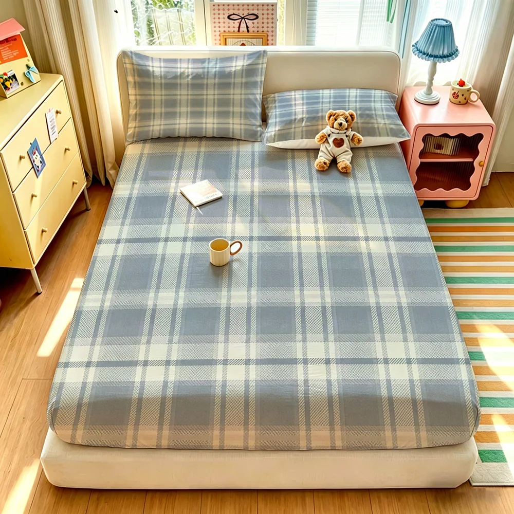 3PCS Grey Blue Off White Plaid Bedding Set Simple Minimalist Style 1 Duvet Cover 2 Pillowcases Soft Fabric Machine Washable B