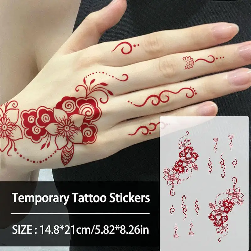Autocollants de tatouage au henné imperméable rouge indien pour femmes, faux tatouage de fleurs pour les mains, tatouages temporaires pour fête de mariage, Festival
