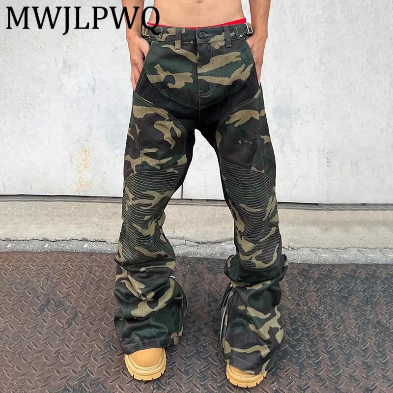 

MWJLPWQ Американский стиль Vibe Камуфляжные лоскутные мотоциклетные джинсы с матовым покрытием Мужские широкие расклешенные брюки с силуэтом 12458