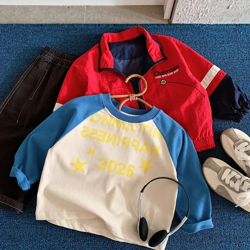 Boys T-shirt  Spring And Autumn New Childrens Clothes Korean Style Boys And Girls Shoulder Sleeve Pure Cotton Letter T-shirt