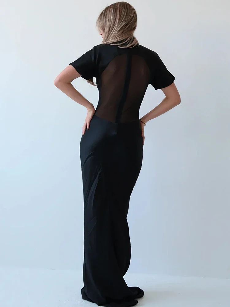 Chaxiaoa dolcevita manica corta maxi abito sexy abito da donna elegante patchwork maglia trasparente backless aderente club party abito lungo