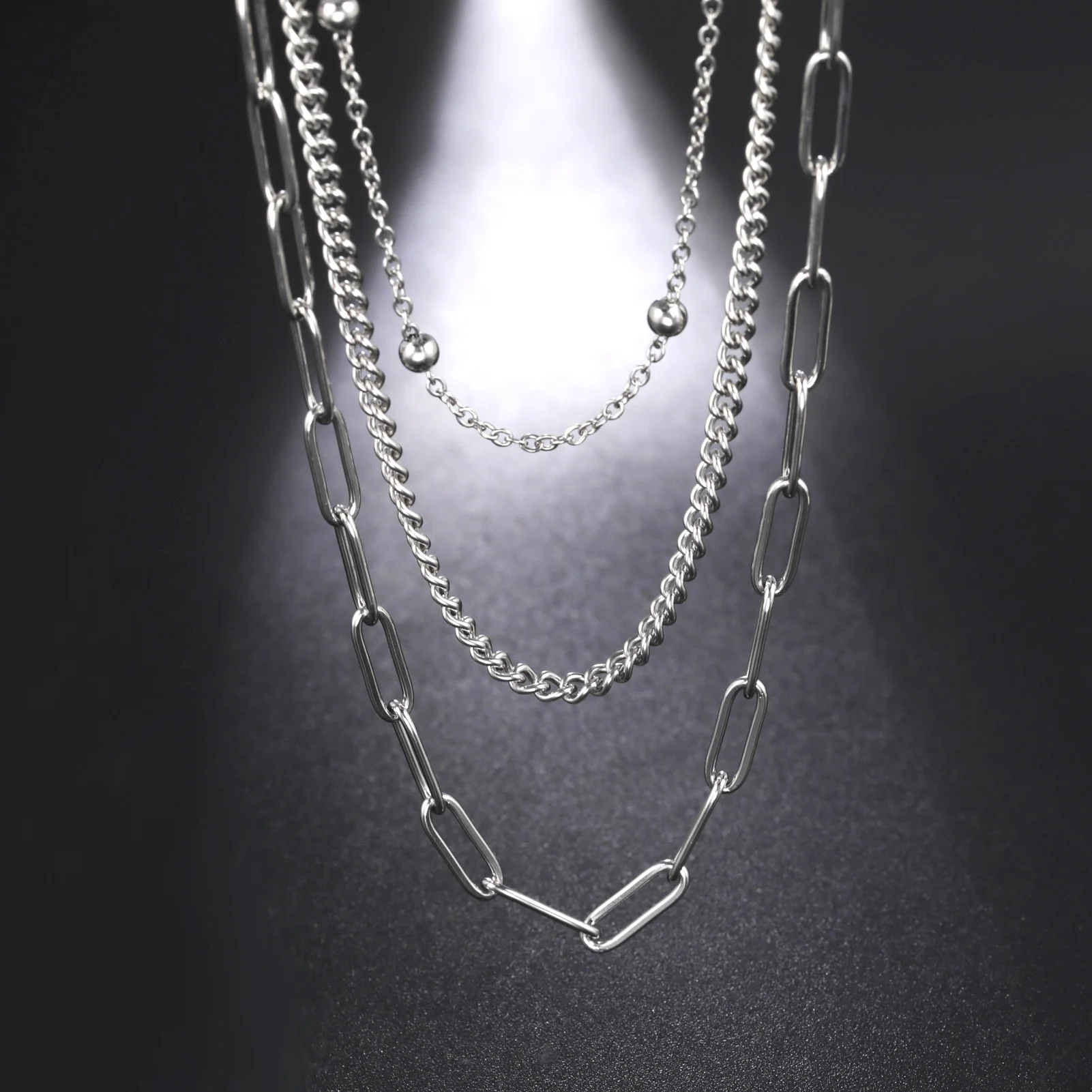 Edelstahl Geometrie Perle Anhänger Mehrschichtige Kette Choker Halskette Für Punk Frauen Hochzeit Schmuck Zubehör – Detail 2