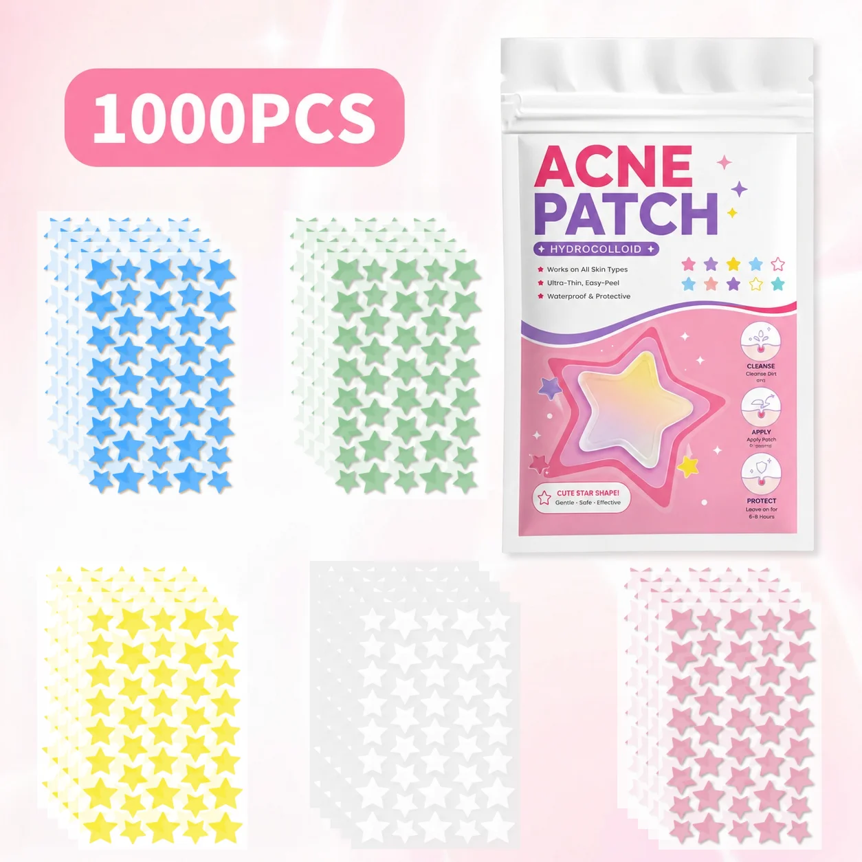 1000PCS Cute Star Pimple Patch Hydrocolloid Stickers Mixed Colors Face Beauty Patch Set Decorative Spot Cover