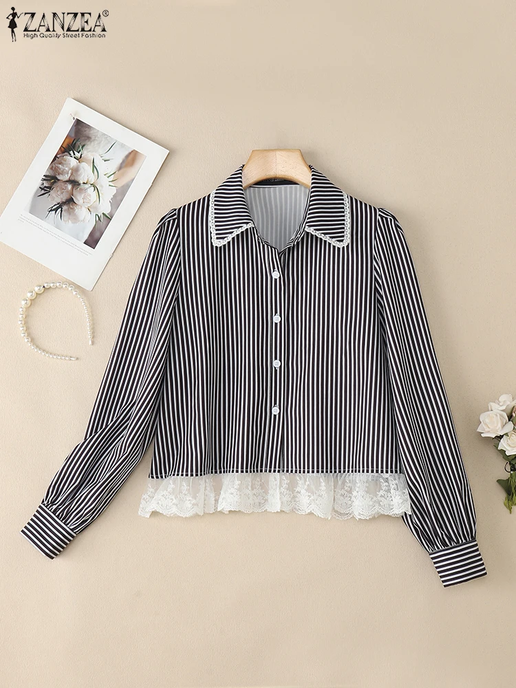 

2025 Autumn Lace Patchwork Shirts ZANZEA Women Lapel Neck Long Sleeve Blouse Stripe Tops Buttons Blusas Stylish Office OL Shirt