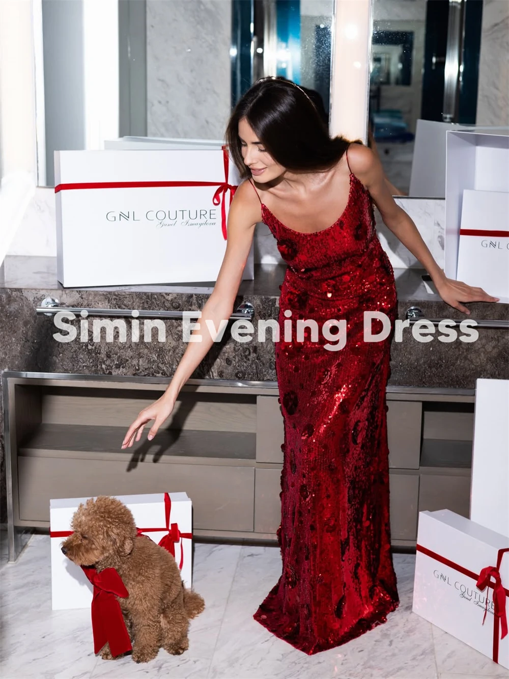 فساتين سهرة نسائية من Simin بحزام سباغيتي مستقيم ترتر مع أكمام بطول الأرض فساتين حفلات أنيقة 2026