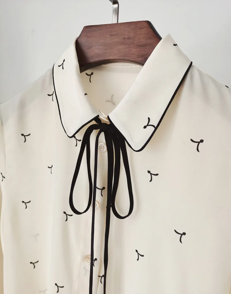 Birdtree 100%Real Silk Women Lace-up Shirt Bow Collar Vintage Print Long Sleeve Commute Blouse Office Lady 2024 Spring T41115QM