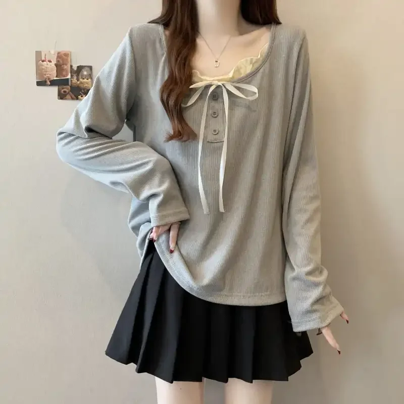 

Soft Knit Long Sleeve Top With Bow Detail And Lace-Up Front For Women Sweet Style Casual Wear Spring Autumn Fashion