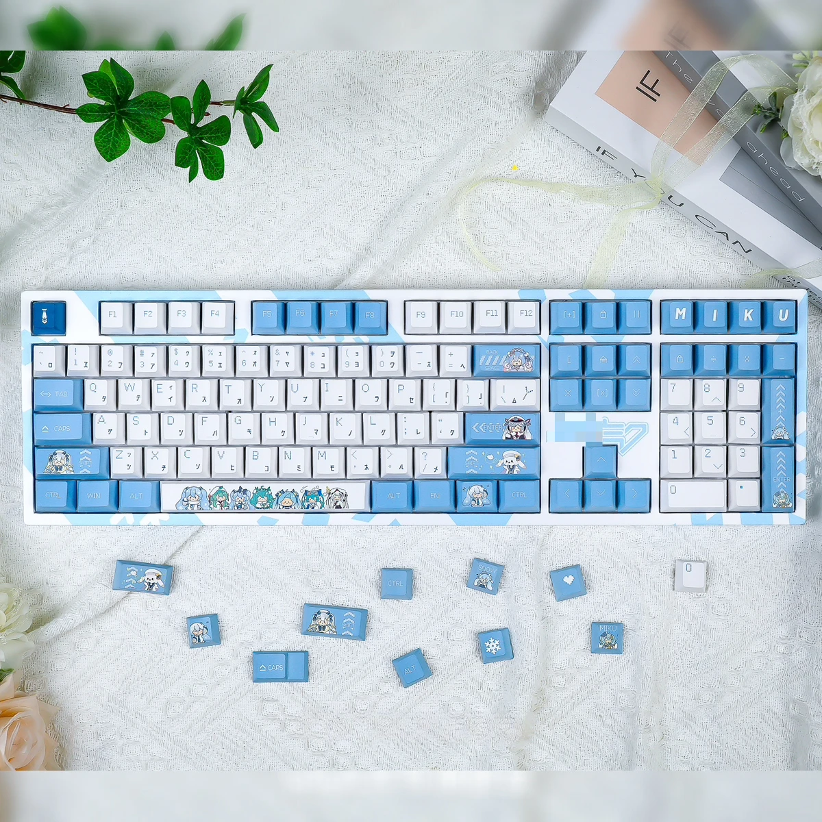 129 Keys/Set Anime Cosplay Blue Snow Miku Cute PBT Keycaps for Cherry Profile MX Switch Mechanical Keyboard Game DIY Custom