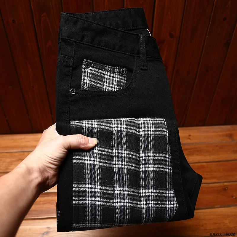 Pantalones vaqueros de retazos a cuadros para hombre, pantalón negro personalizado, informal, de alta gama, elásticos, rectos, moda juvenil, estilo coreano