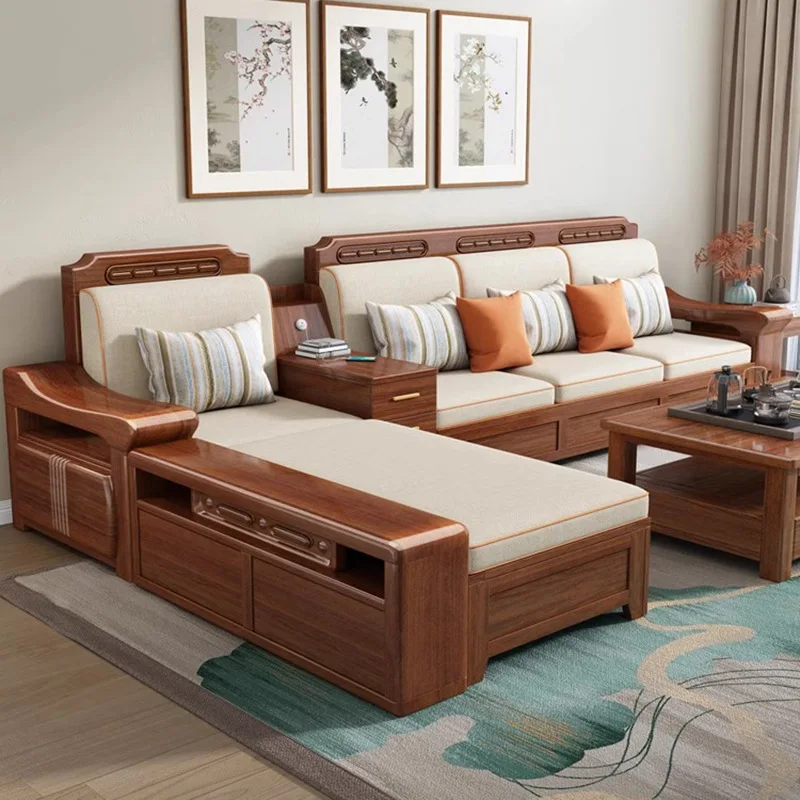 Solid wood sofa living room modern Chinese sofa with corner chaise longue wood small apartment furniture sofa living room