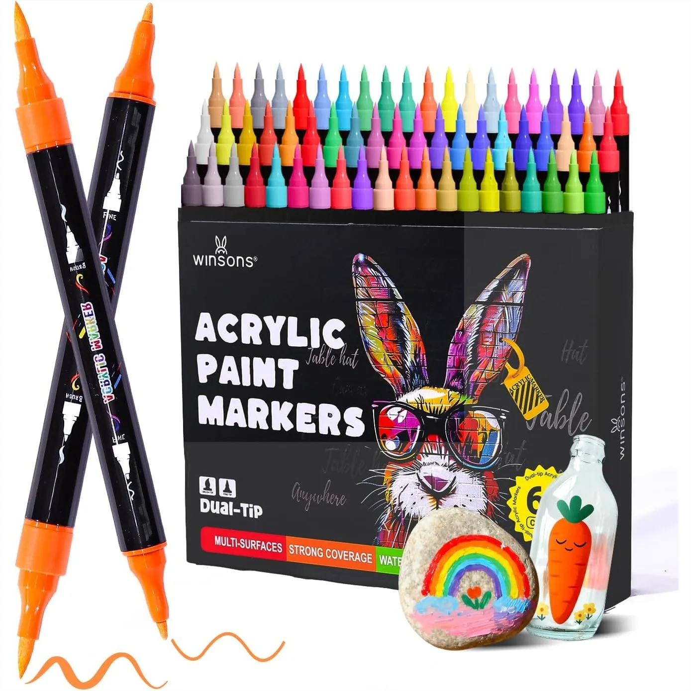 

Acrylic Markers 60 Dual Tip Paint Pens For Rock Painting Colouring Books Mugs Canvas Shoes Metal Scrapbooking Quick Dry Brush And Fine Drawing Markers