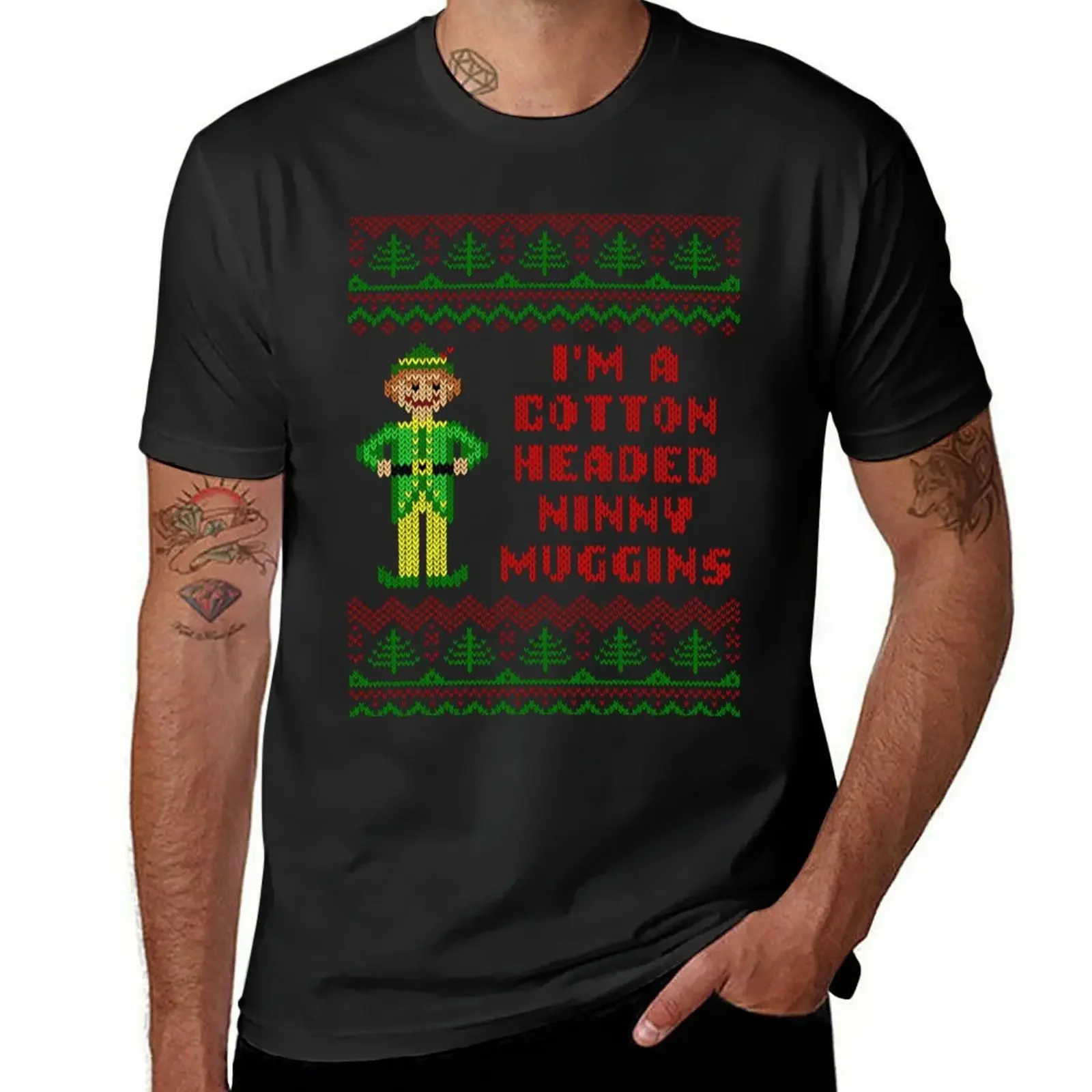 Funny Elf Cotton Headed Ninny Muggins Ugly Sweater T-Shirt sweat cotton graphic tees blacks mens t shirts casual stylish