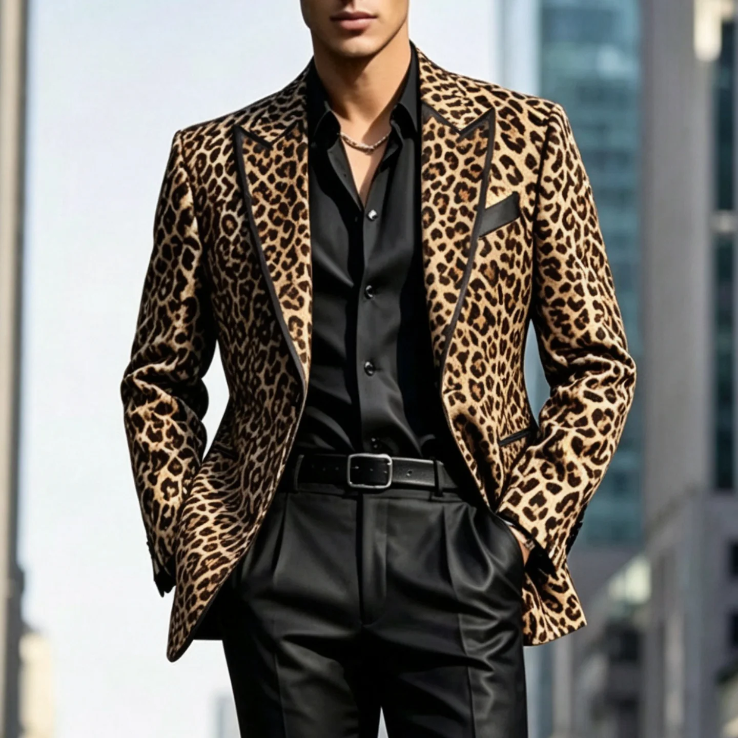 Men Leopard Satin Patchwork 2 Pieces Suit Blazer Pants Set Peak Lapel Single Button Slim Fit Formal Wedding Tuxedo Customized
