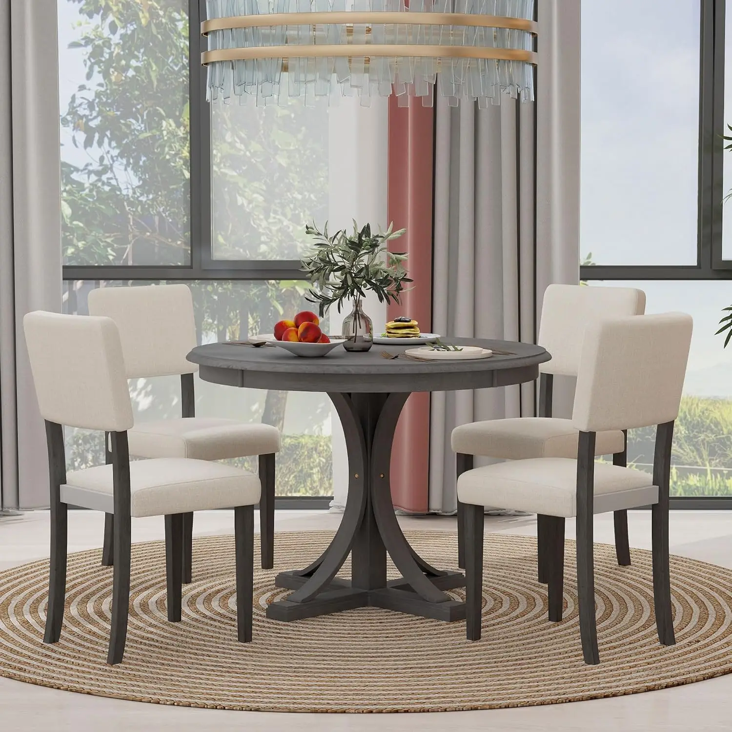 5-Piece Retro Round Dining Table Set with Curved Trestle Style Legs and 4 Upholstered Chairs, Kitchen Furniture, Dark Gray