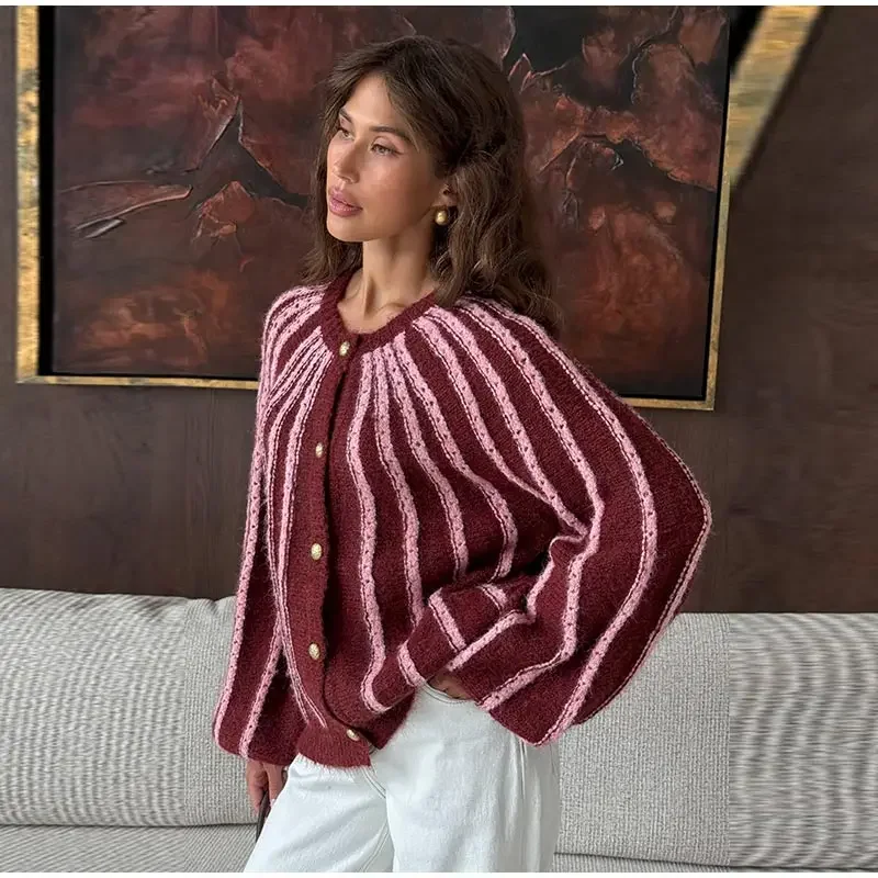 Damen-Strickwaren, gestreift, mit einzelnen Knopfleisten, gestrickte Strickjacke, Herbst, Damen, Rundhalsausschnitt, lange Ärmel, lockere Strickjacken, neue Streetwear – Detail 2