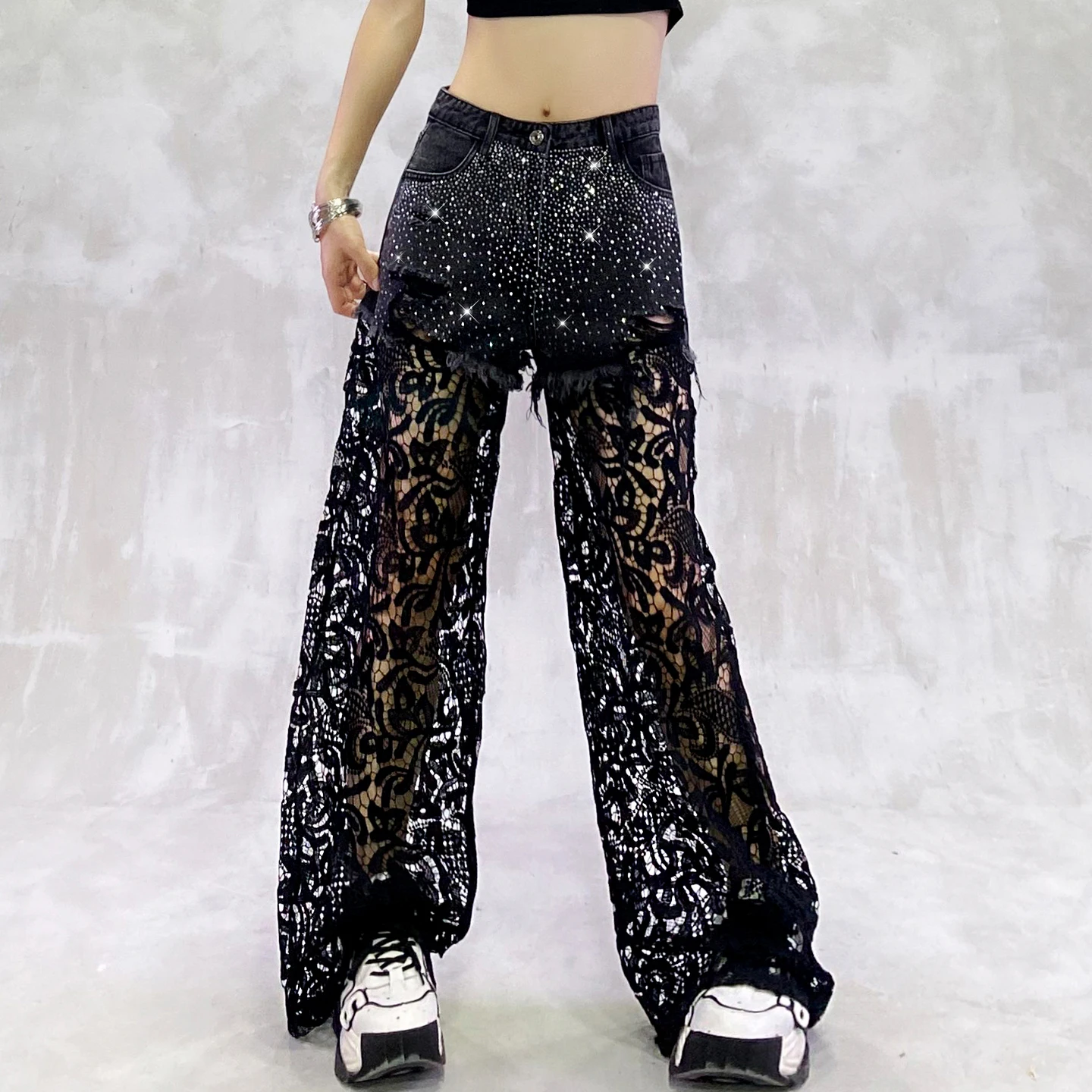 2025 Summer New Women's Lace Patchwork Design Casual Jeans High Waist Loose Slimming Versatile Hollow Out Wide Leg Pants