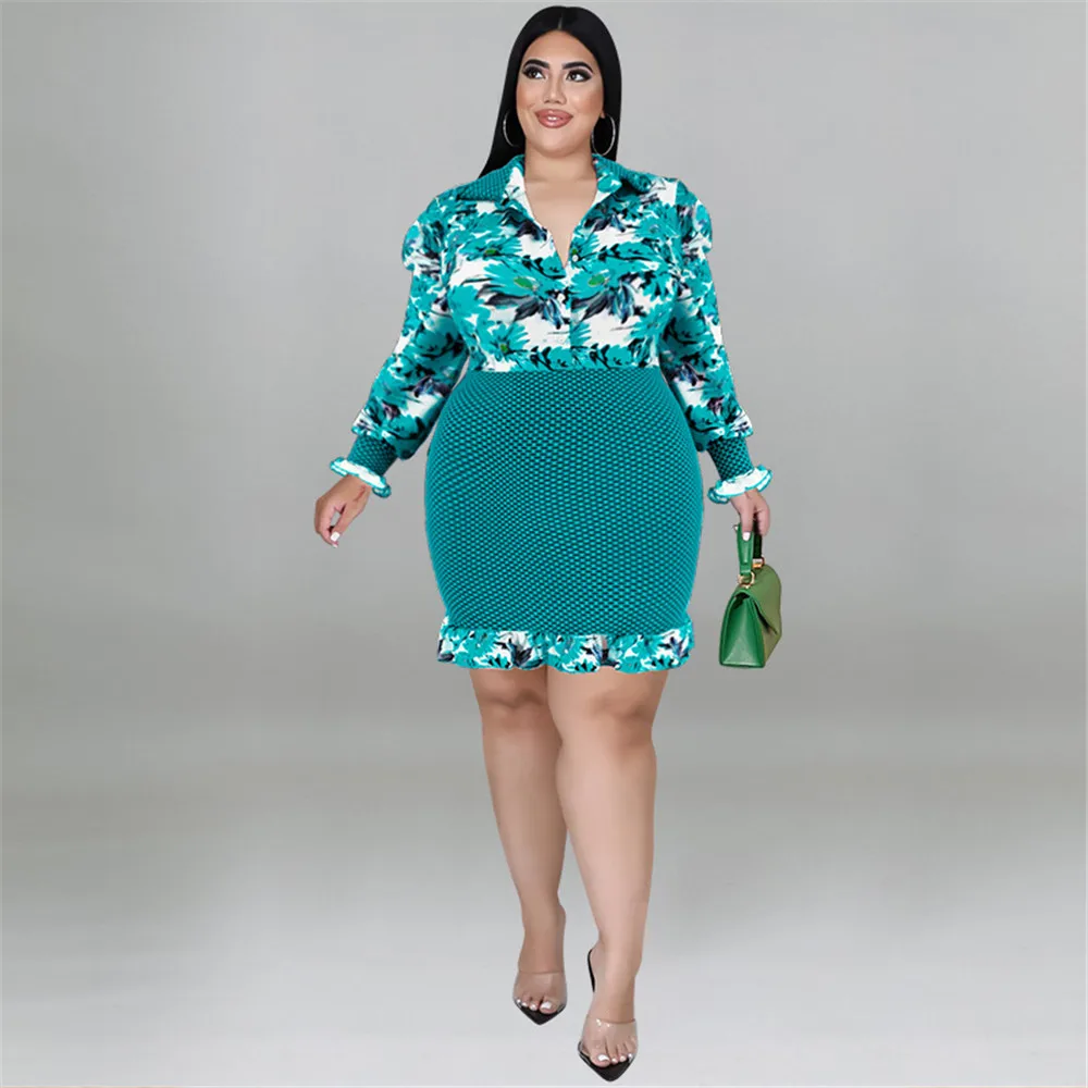 Wmstar Plus Size sukienka kobiety słodki kwiatowy Patchwork guzik falbany rąbek moda odzież wierzchnia sukienki Midi sprzedaż hurtowa Dropshipping