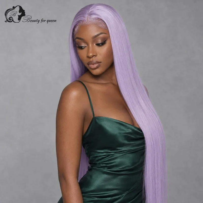 Lilac Purple Straight Lace Front Wig Long Cuticle Everyday Middle Part Soft Fluffy For Lady Natural Hairline Shiny Sleek