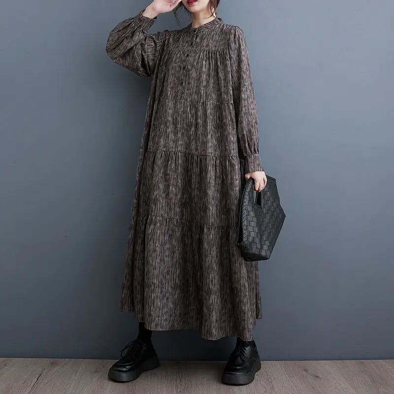 

French Dress Women's Autumn 2023 New Korean Lloose Large Size Fashion Printed Art Retro Long Shirt Dress Casual Clothing z3138