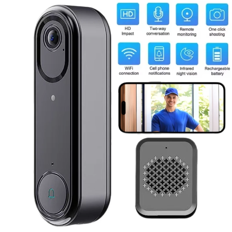 

Беспроводной дверной звонок, камера, Wi-Fi, 1080P, домофон, видео, ночное видение, двусторонний аудио дверной звонок, встроенный аккумулятор, мониторинг умного дома