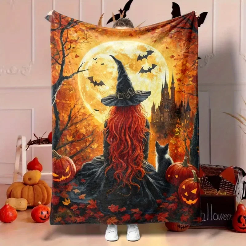 Halloween Witch Blanket Silhouette Black Cat Pumpkin Flannel Fleece Throw Soft Office Mat Cozy Gift for Holidays and Birthdays