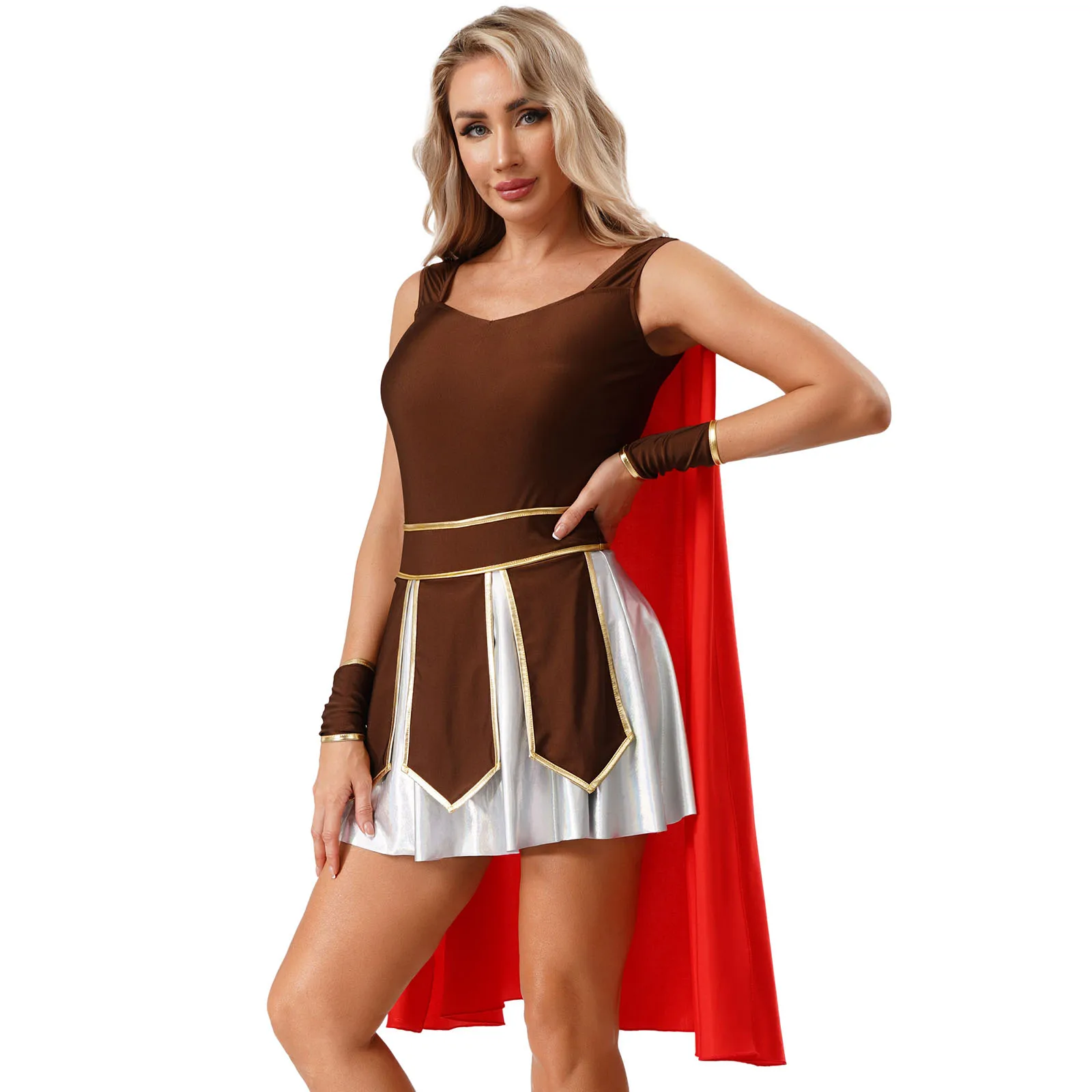 

Women Halloween Knight Warrior Soldier Cosplay Outfit Sleeveless A-line Dress with Satin Cape And Cuffs Carnival Party Costumes