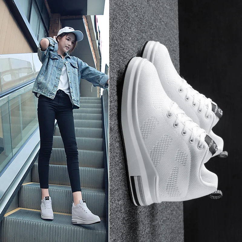 2024 Women Spring Casual Platform Shoes Fashion High Heels Woman Wedges Sneakers Shoes 8.5CM Heigh Increasing Outdoor White Shoe