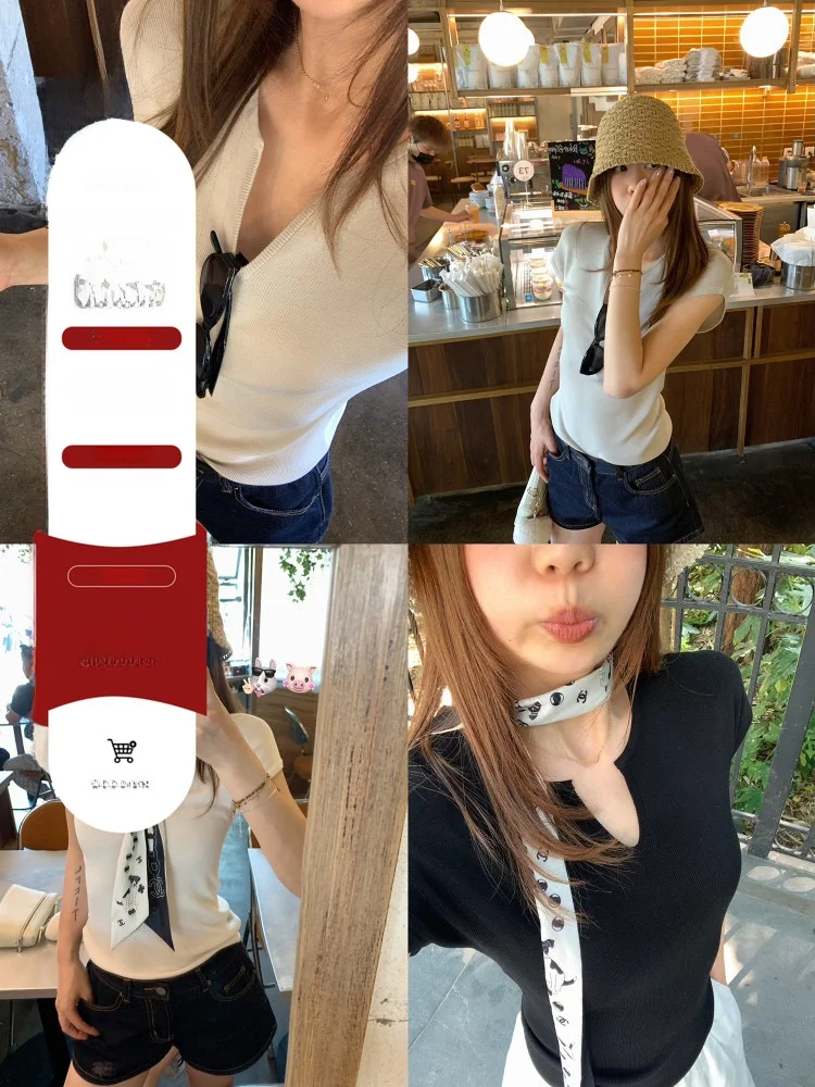 

Blue Laisel Silk Heart Collar Slim Fit ort Sve Knitted Top Women Summer Waist Cinching Slimming round Ne irt