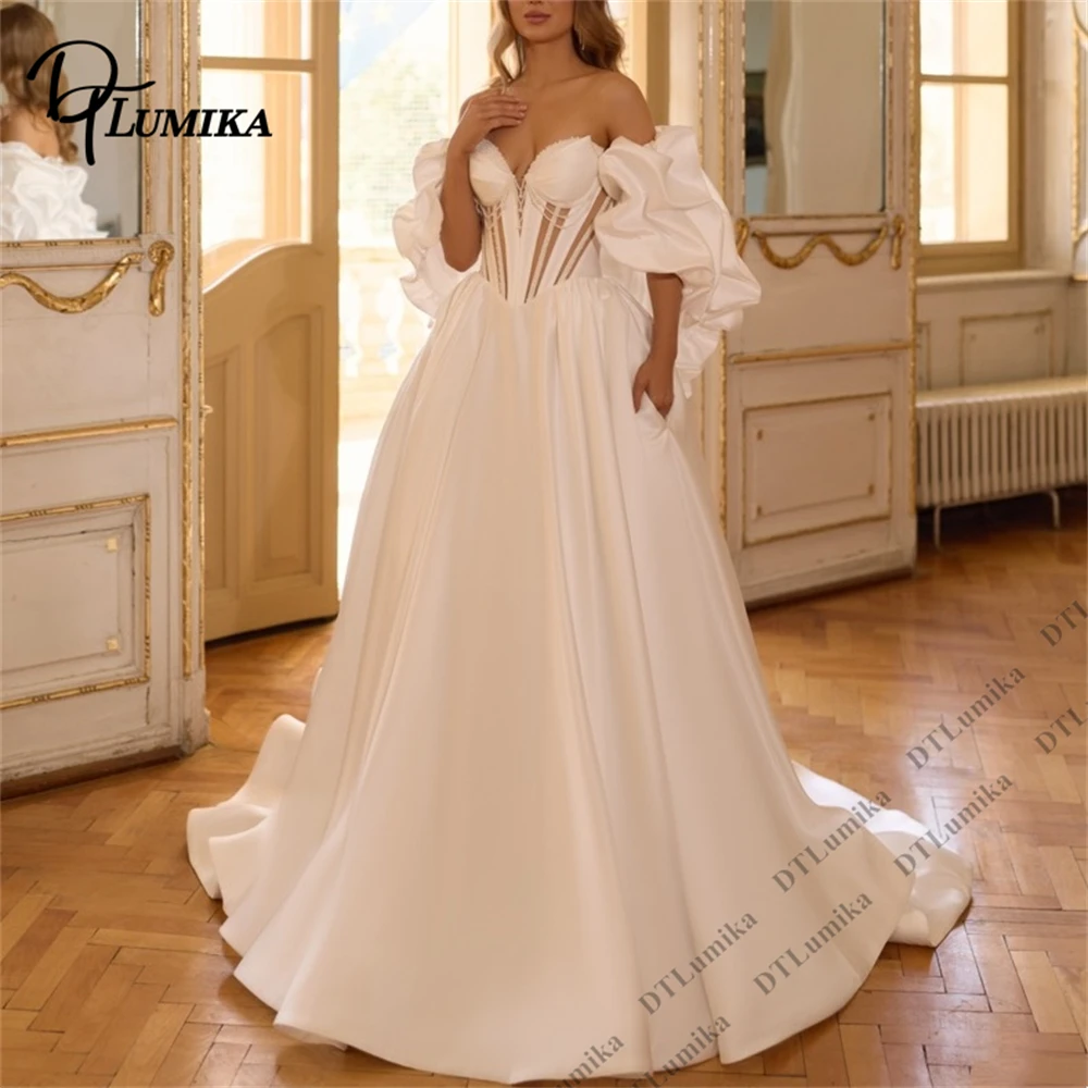 

DTLumika Customized Puff Sleeve Satin Wedding Dress with Corset Back Lace Appliques Long Train Church Bridal Party Dresses