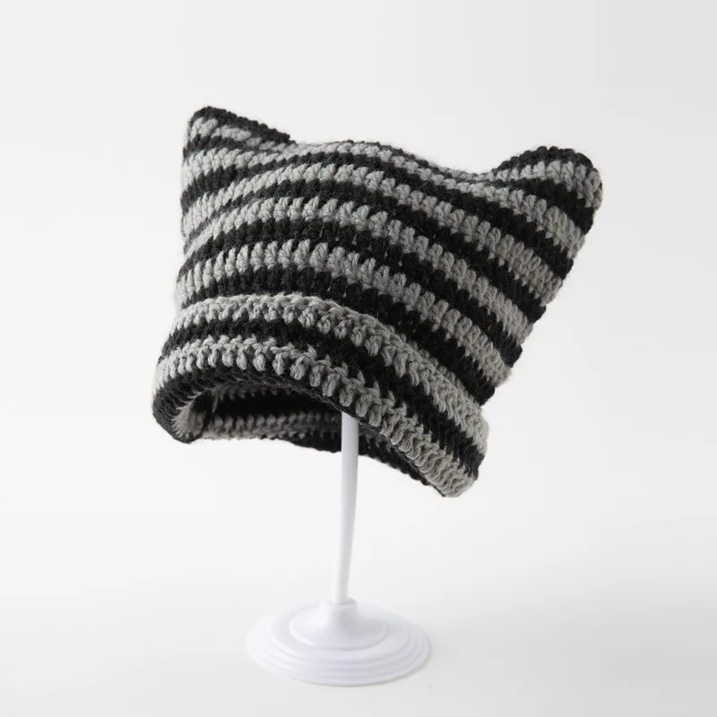 Cute Striped Cat Ear Hook Woven Hat, Handmade Hollowed Out Knitted Hat, Instagram Style Women's Creative Casual Hat