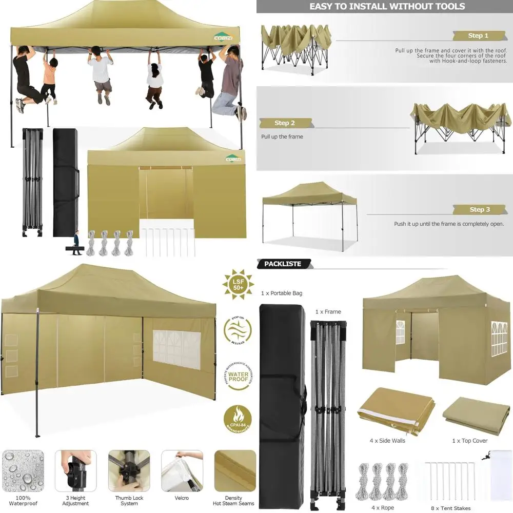 

Heavy-Duty 10x15 Pop-Up Canopy with 4 Sidewalls, UPF 50+, Waterproof and Wind-Resistant for Outdoor Events, Weddings, and Partie
