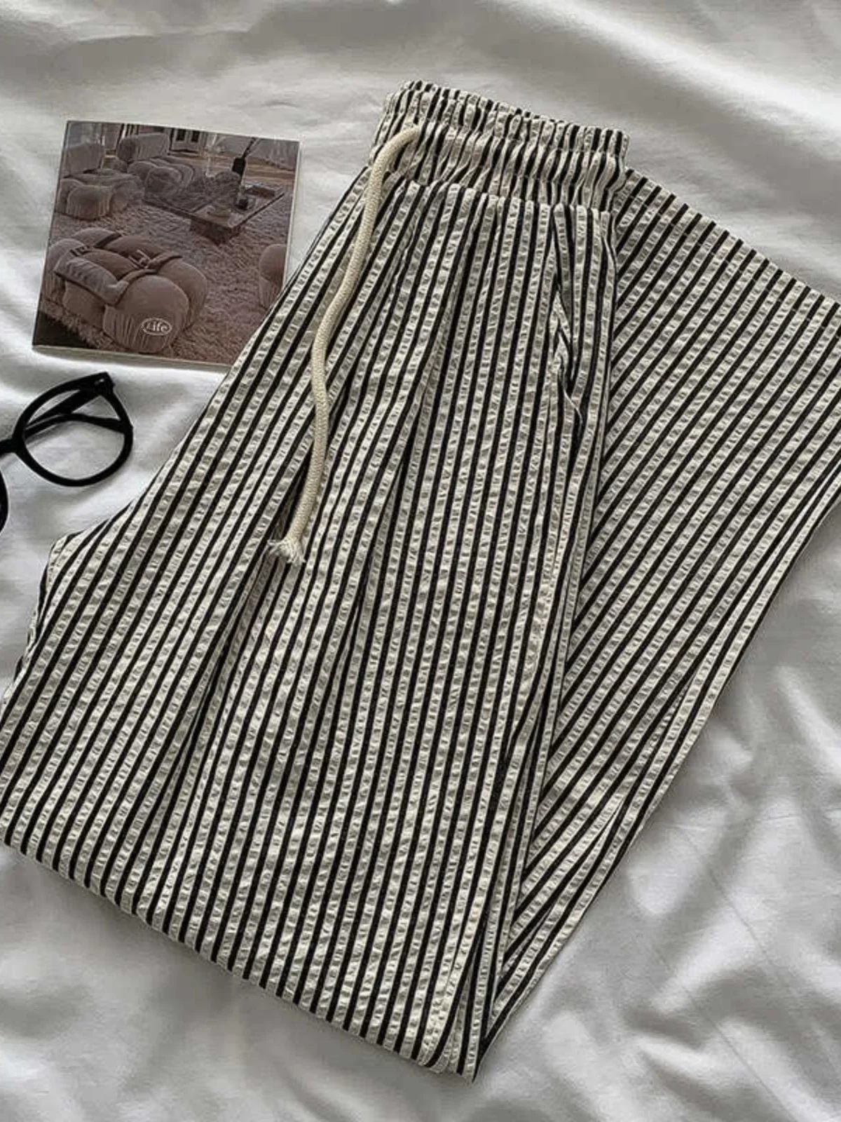 2025 Summer Elastic High Waist Versatile Thin Straight Long Pants Korean Series Idle Sle Stripe Drape Casual Pants Women