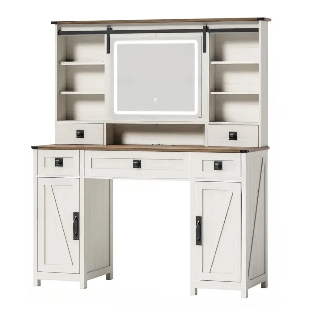 Dressing table with sliding mirror and lighting, large dressing table with charging station with 5 drawers and 2 cupboards