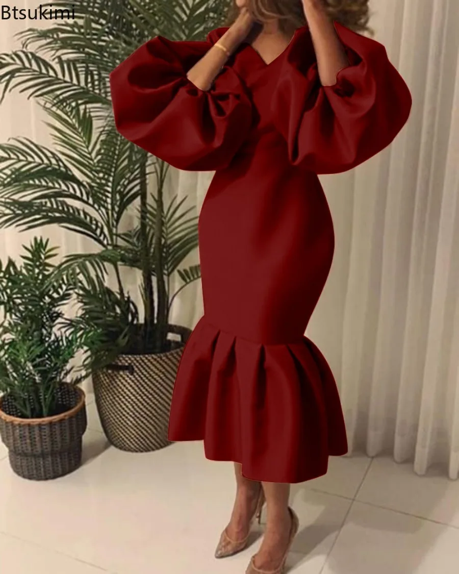 New2025 Afrikanische frauen Mode Einfarbig V-ausschnitt Blase Langarm Fischschwanz Kleid V Kragen Bodycon Sexy Elegante Abendkleid