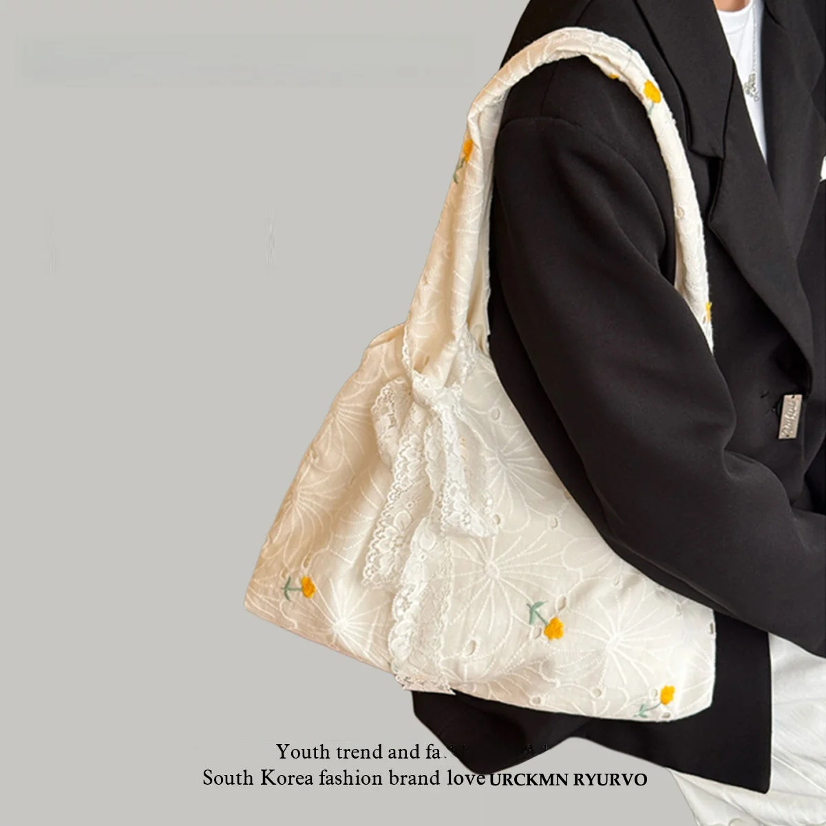 

ZAR FENDEN Корейская холщовая сумка-тоут с кружевом и цветком ромашки, женская новая сумка на одно плечо, сумка подмышки с вышивкой Briti Sle